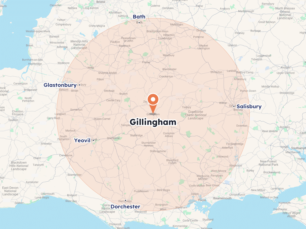 Map centred on Gillingham in North Dorset showing the twenty five mile area Home Heroes cover, reaching Bath to the north, Salisbury east, Dorchester south, Yeovil and Glastonbury west